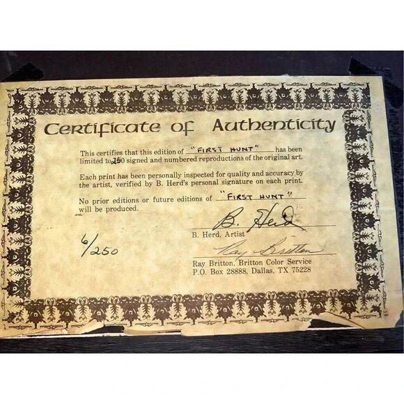 Vintage 1981 B Herd “First Hunt” Edition 6/250 Signed Painting with Authenticati - Picture 9 of 10